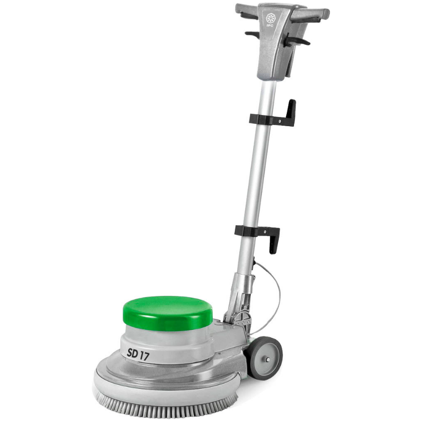 maquinaria de abrillantar suelos rotativa de color plata con decoración verde